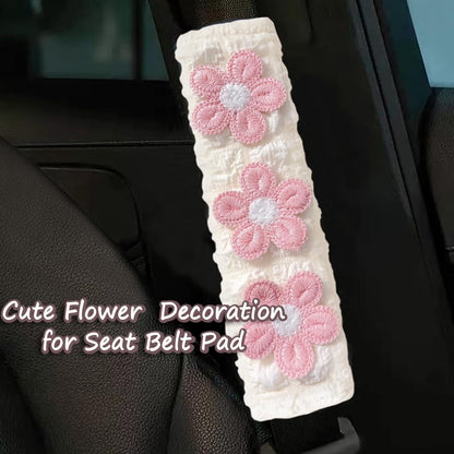 Cute Flower Car Seat Belt Shoulder Pad Cushions (2 in a Pack), Car Accessories Seat Belt Shoulder Strap Protector Universal Cover (White Pink)