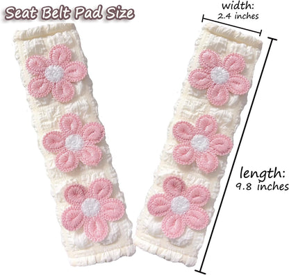 Cute Flower Car Seat Belt Shoulder Pad Cushions (2 in a Pack), Car Accessories Seat Belt Shoulder Strap Protector Universal Cover (White Pink)