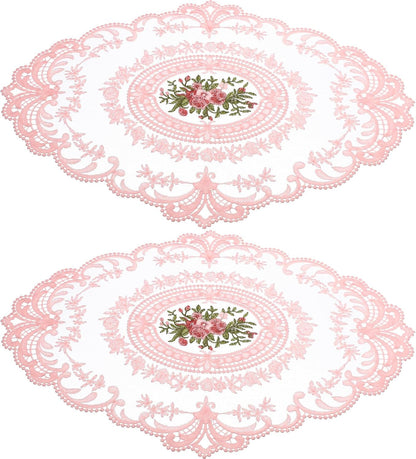 2Pcs Retro Lace Placemats Pink French Crochet Doilies Heat Resistant Non-Slip Place mats for Dining Table Home Decor