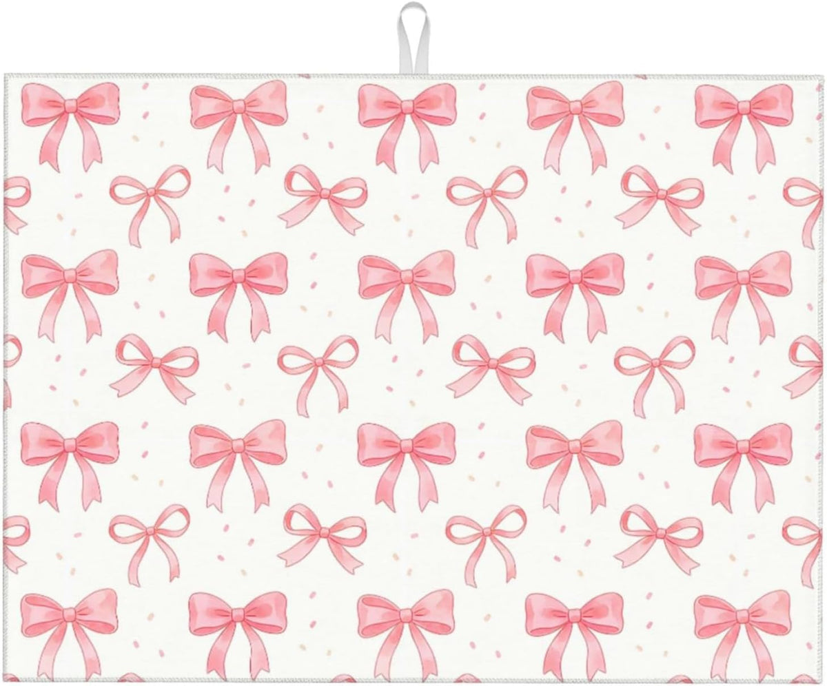 Bow Dish Drying Mat, for Kitchen Counter Microfiber Absorbent, Pink Cute Dish Draining Mat Extra Large 18"x24"