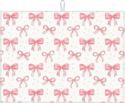 Bow Dish Drying Mat, for Kitchen Counter Microfiber Absorbent, Pink Cute Dish Draining Mat Extra Large 18"x24"