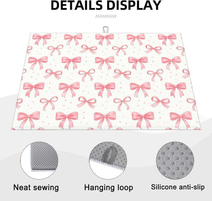 Bow Dish Drying Mat, for Kitchen Counter Microfiber Absorbent, Pink Cute Dish Draining Mat Extra Large 18"x24"