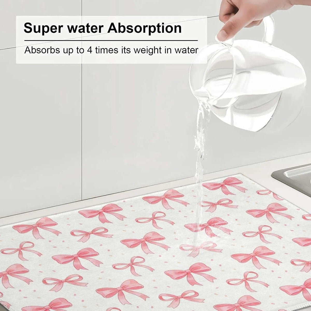 Bow Dish Drying Mat, for Kitchen Counter Microfiber Absorbent, Pink Cute Dish Draining Mat Extra Large 18"x24"