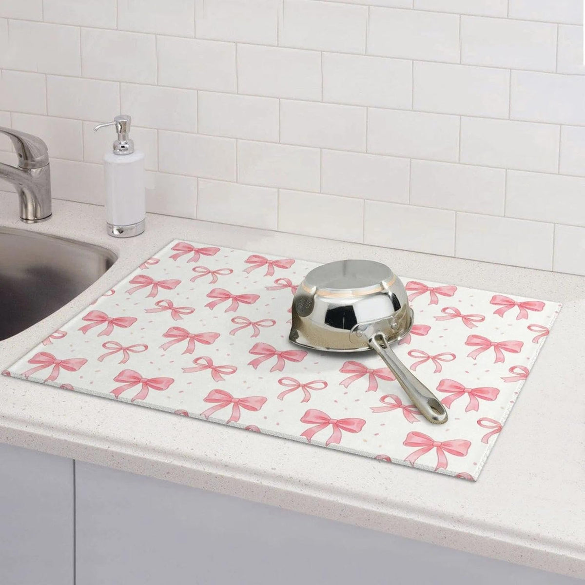 Bow Dish Drying Mat, for Kitchen Counter Microfiber Absorbent, Pink Cute Dish Draining Mat Extra Large 18"x24"