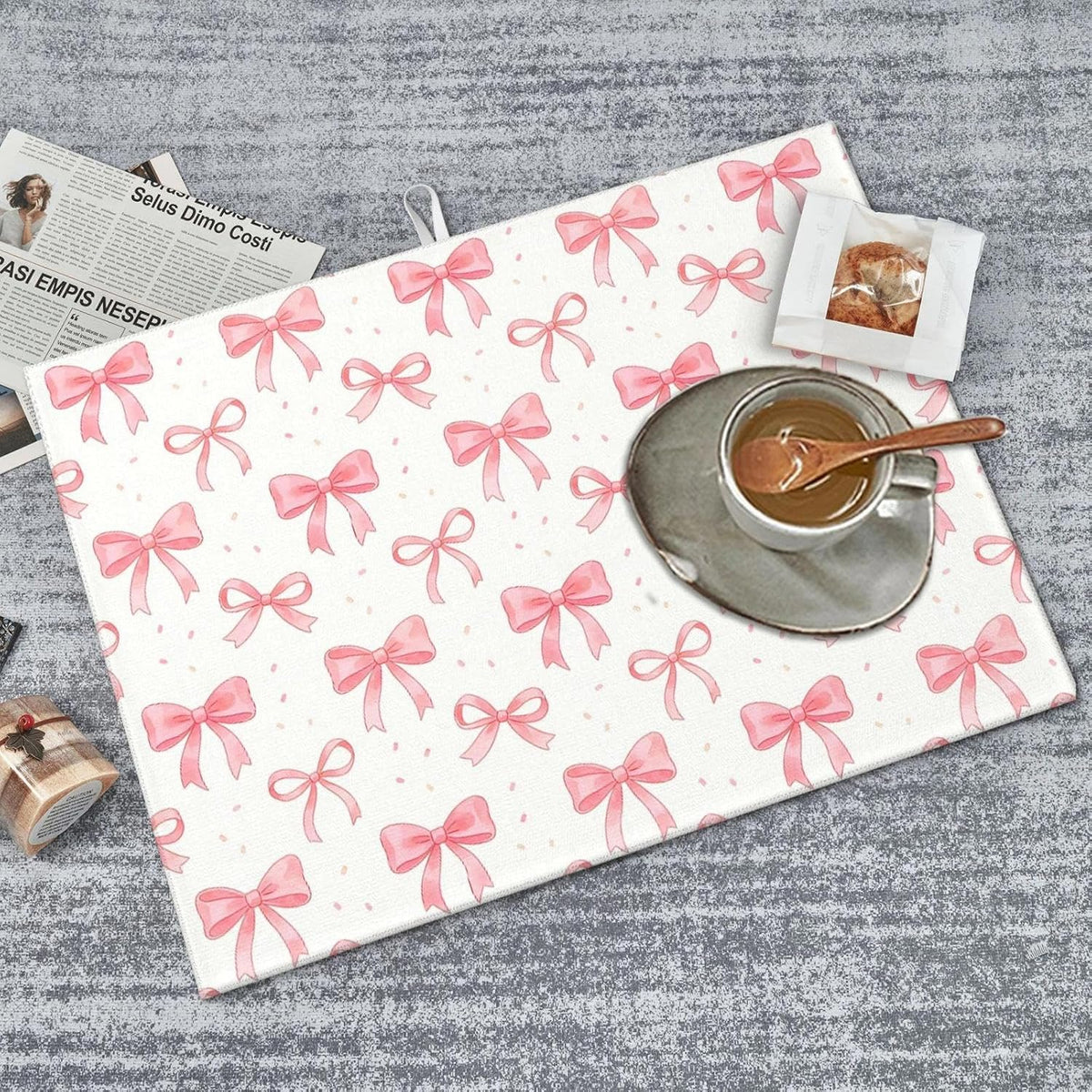 Bow Dish Drying Mat, for Kitchen Counter Microfiber Absorbent, Pink Cute Dish Draining Mat Extra Large 18"x24"
