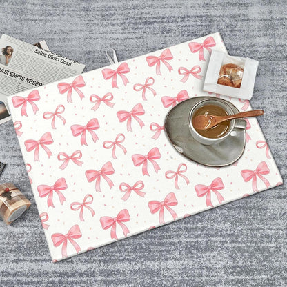 Bow Dish Drying Mat, for Kitchen Counter Microfiber Absorbent, Pink Cute Dish Draining Mat Extra Large 18"x24"