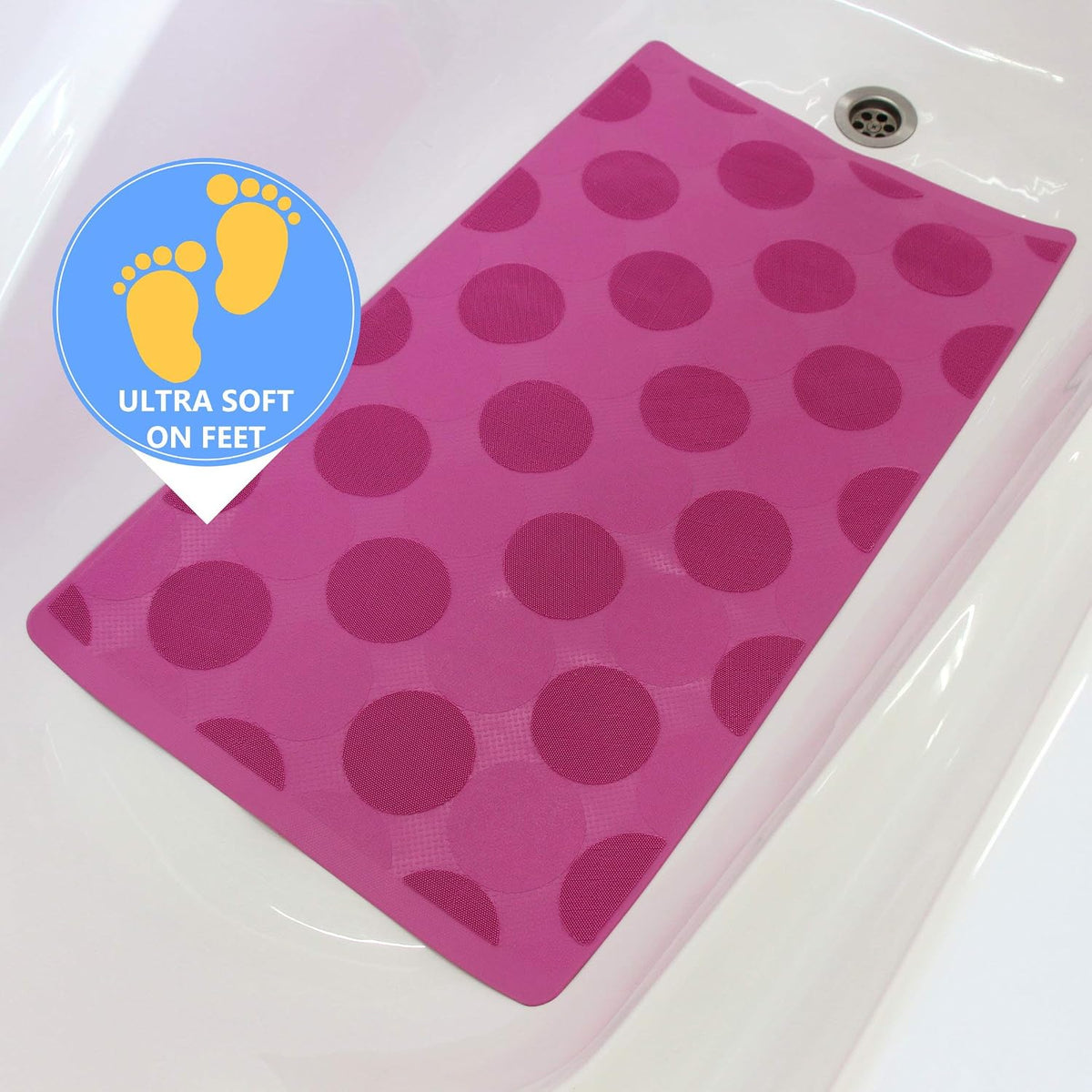 Non-Slip Bath, Shower, Tub Mat, TPR Material, Eco-Friendly, Non-PVC, Machine Washable, No Odor, with Powerful Gripping Suction Cups, Pop Circle (16"x28" Pink)