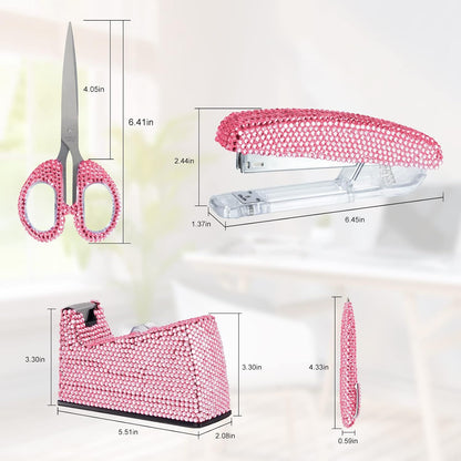 Office Stationery Set,Desk Accessory Kit, Home Office Necessary- Stapler & Desktop Tape Dispenser & Ballpoint Pens & Scissor 4 Piece Office Desk Accessories Kits(Pink)