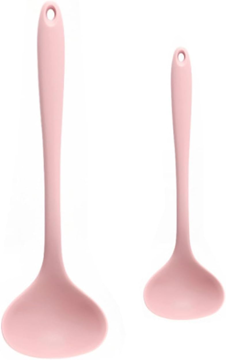 2Pcs Silicone Nonstick Soup Spoon,8.3 Inch & 11.6 Inch Ladle Spoon with Hanging Hole,Easy to Storage,Multipurpose Cooking Spoon for Kitchen(Pink)