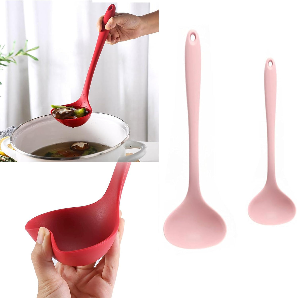 2Pcs Silicone Nonstick Soup Spoon,8.3 Inch & 11.6 Inch Ladle Spoon with Hanging Hole,Easy to Storage,Multipurpose Cooking Spoon for Kitchen(Pink)