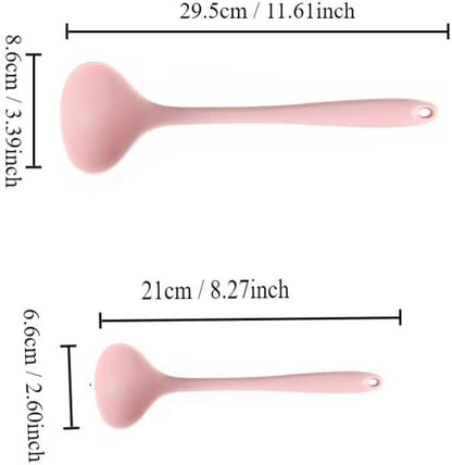 2Pcs Silicone Nonstick Soup Spoon,8.3 Inch & 11.6 Inch Ladle Spoon with Hanging Hole,Easy to Storage,Multipurpose Cooking Spoon for Kitchen(Pink)