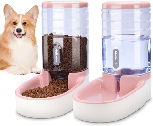 Automatic Dog Cat Feeder and Water Dispenser Set,Waterer and Gravity Food Feeder for Small & Medium Dogs Cats Puppies,Large Capacity 1 Gallon x 2(Pink)