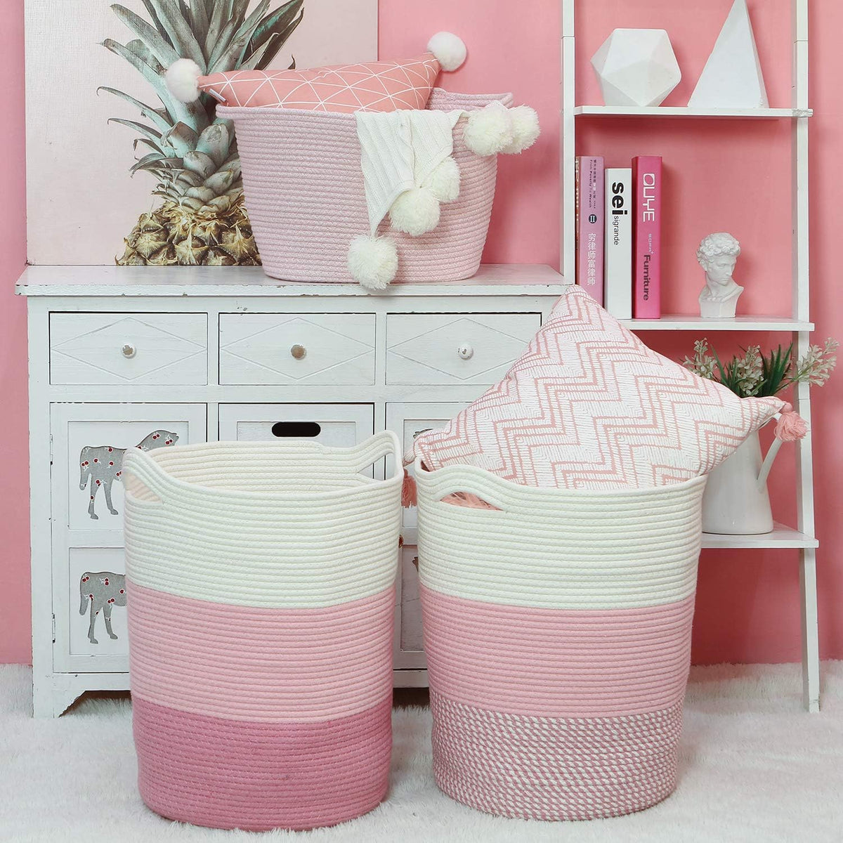 Large Woven Cotton Rope Laundry Basket with Handles, 20 x 14 in