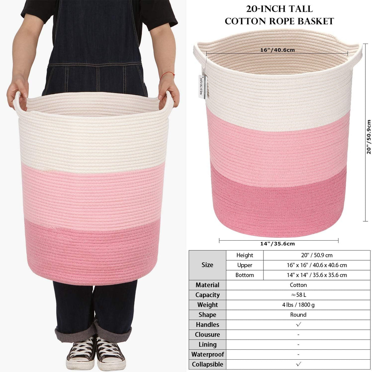 Large Woven Cotton Rope Laundry Basket with Handles, 20 x 14 in