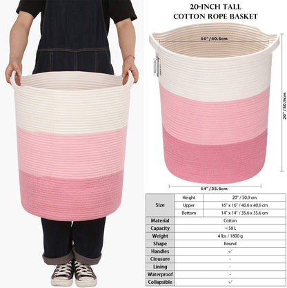 Large Woven Cotton Rope Laundry Basket with Handles, 20 x 14 in