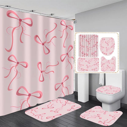 4pcs Pink Bow Bathroom Shower Curtain Set with Rugs and Accessories