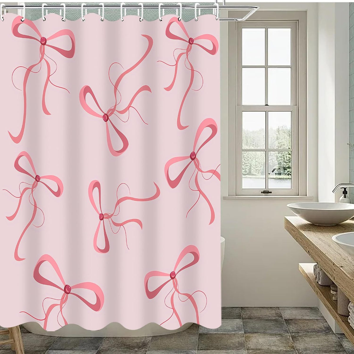 4pcs Pink Bow Bathroom Shower Curtain Set with Rugs and Accessories