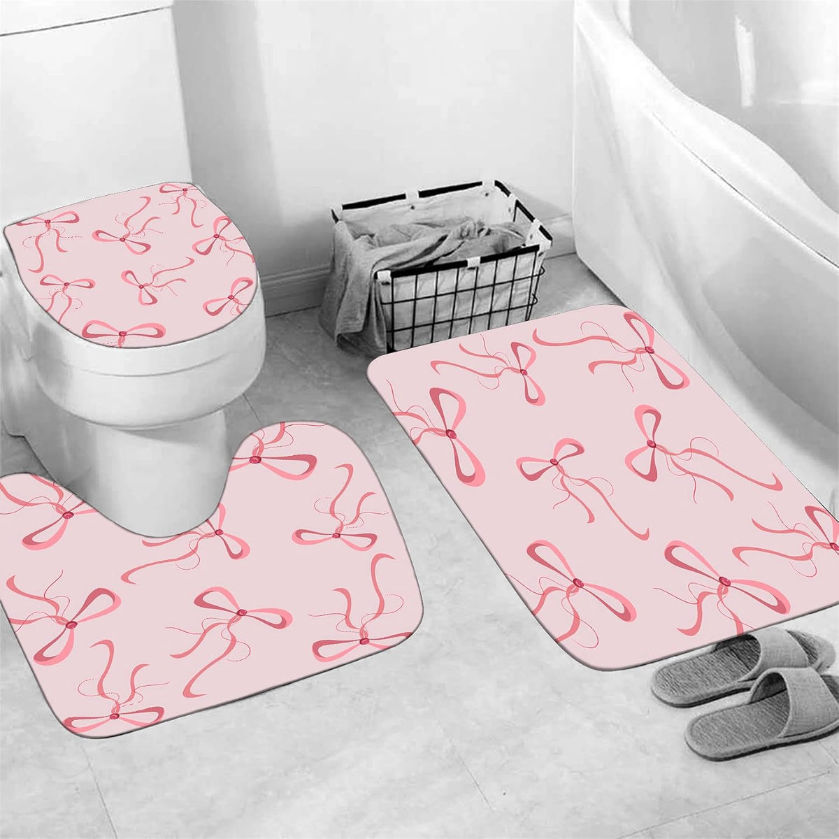 4pcs Pink Bow Bathroom Shower Curtain Set with Rugs and Accessories