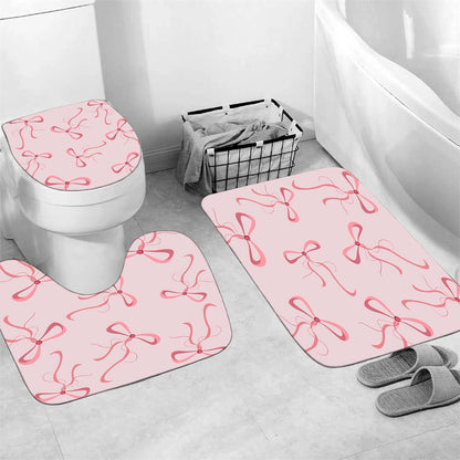 4pcs Pink Bow Bathroom Shower Curtain Set with Rugs and Accessories