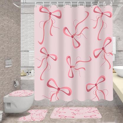 4pcs Pink Bow Bathroom Shower Curtain Set with Rugs and Accessories