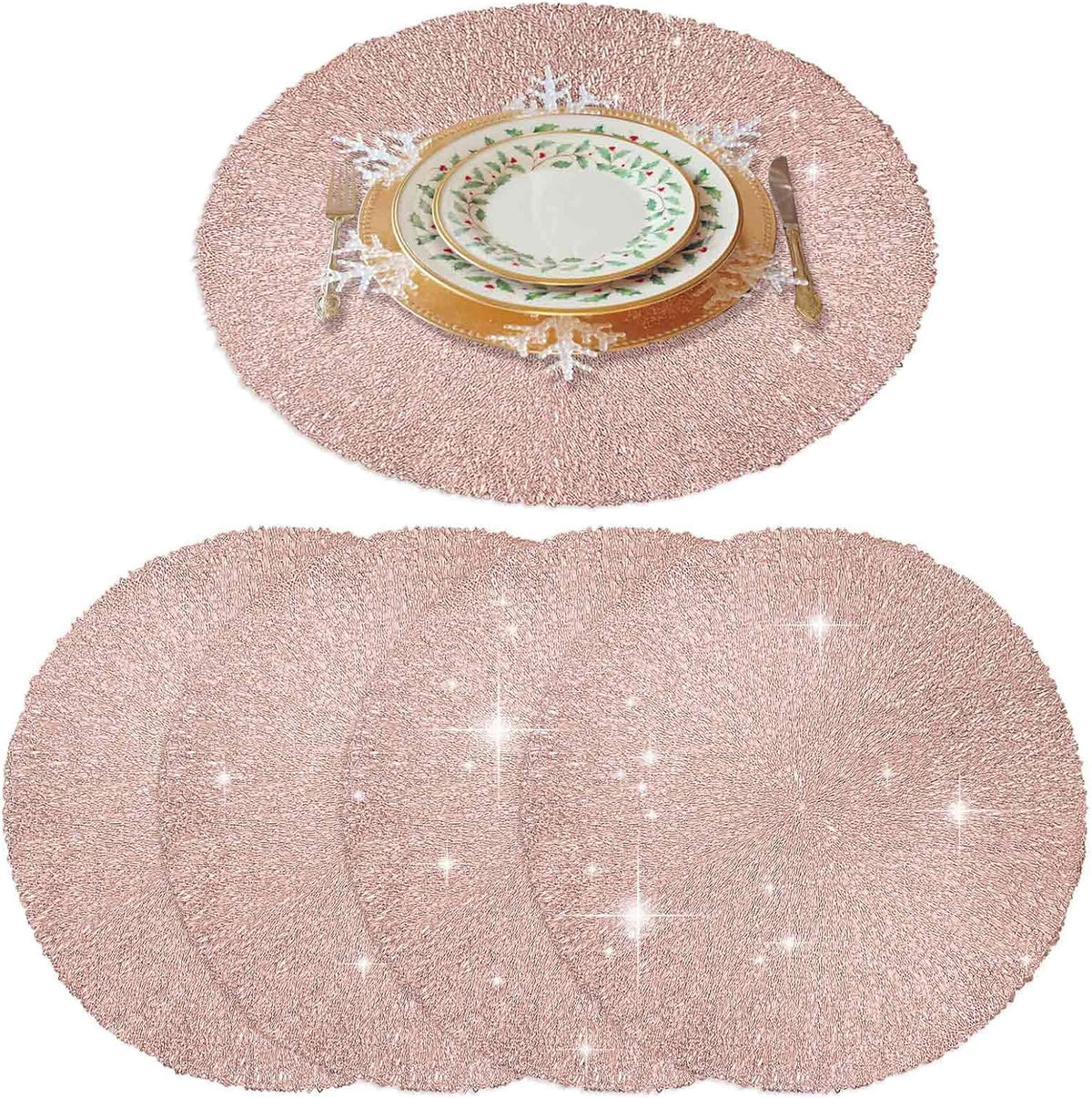 Placemats Set of 4, Round Heat-Resistant Vinyl Placemat, 15 inch Non-Slip Washable PVC Table Mat, Easy to Clean Premium Plastic Mats for Dining, Kitchen Table (Bright Pink)