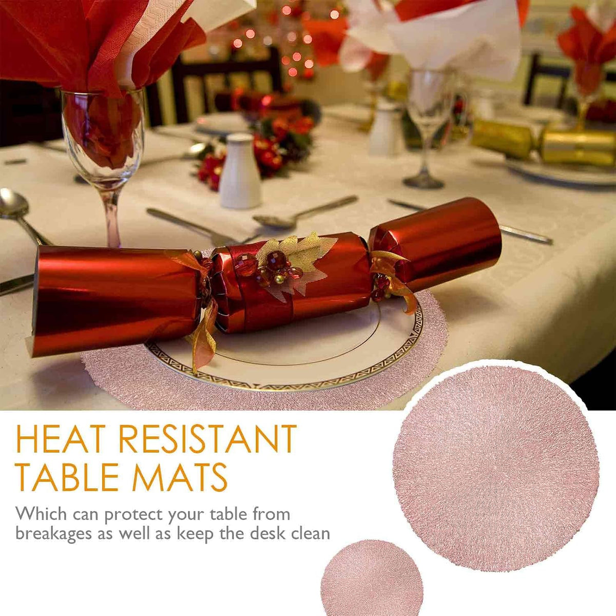 Placemats Set of 4, Round Heat-Resistant Vinyl Placemat, 15 inch Non-Slip Washable PVC Table Mat, Easy to Clean Premium Plastic Mats for Dining, Kitchen Table (Bright Pink)
