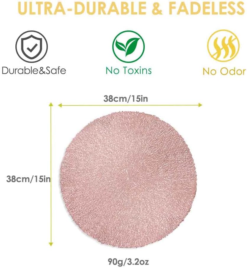 Placemats Set of 4, Round Heat-Resistant Vinyl Placemat, 15 inch Non-Slip Washable PVC Table Mat, Easy to Clean Premium Plastic Mats for Dining, Kitchen Table (Bright Pink)