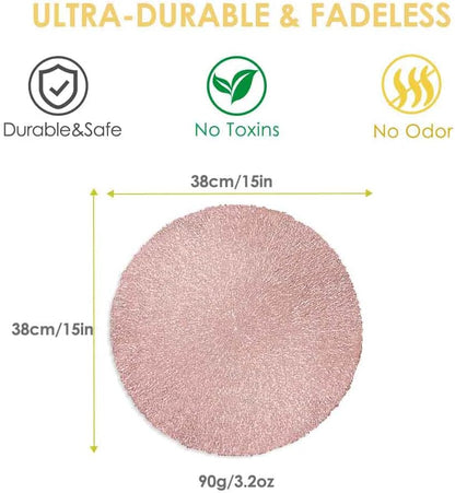 Placemats Set of 4, Round Heat-Resistant Vinyl Placemat, 15 inch Non-Slip Washable PVC Table Mat, Easy to Clean Premium Plastic Mats for Dining, Kitchen Table (Bright Pink)