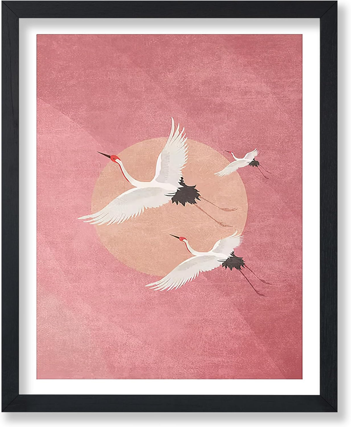 Animal Poster - Minimalist Print - Flying Cranes, Birds, Pink Background, Peach Circle, Aesthetic - 8x10 UNFRAMED Wall Art - Gift for Artist, Friend - Wall Decor for Home, Office, Dorm