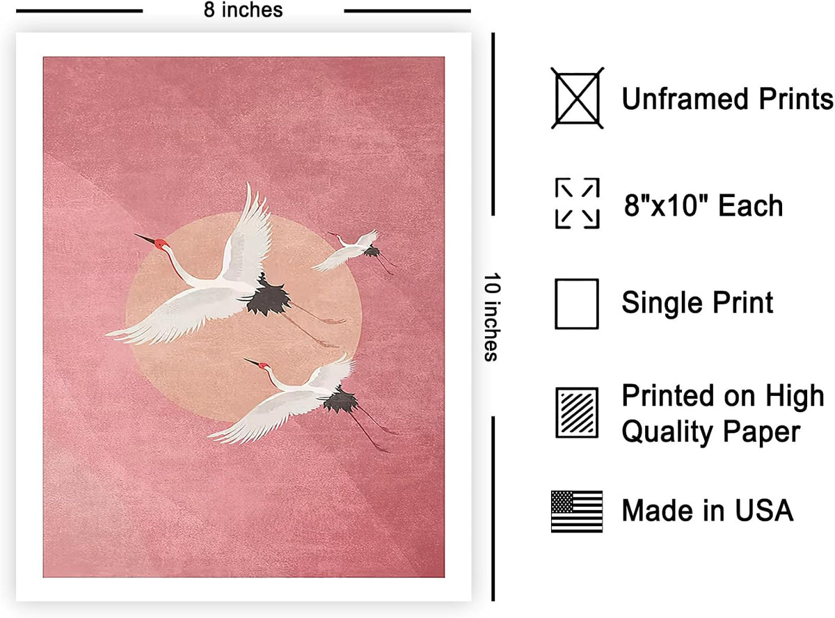 Animal Poster - Minimalist Print - Flying Cranes, Birds, Pink Background, Peach Circle, Aesthetic - 8x10 UNFRAMED Wall Art - Gift for Artist, Friend - Wall Decor for Home, Office, Dorm
