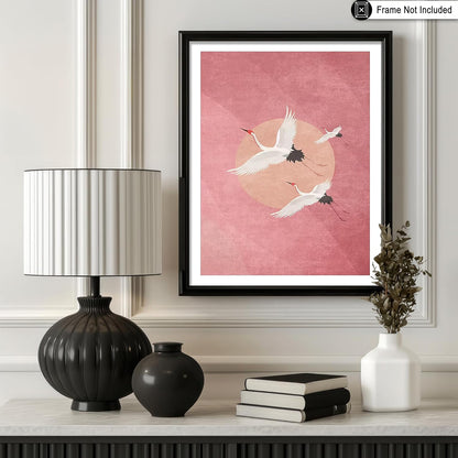 Animal Poster - Minimalist Print - Flying Cranes, Birds, Pink Background, Peach Circle, Aesthetic - 8x10 UNFRAMED Wall Art - Gift for Artist, Friend - Wall Decor for Home, Office, Dorm