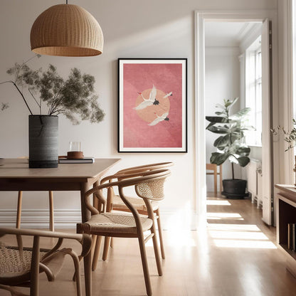 Animal Poster - Minimalist Print - Flying Cranes, Birds, Pink Background, Peach Circle, Aesthetic - 8x10 UNFRAMED Wall Art - Gift for Artist, Friend - Wall Decor for Home, Office, Dorm