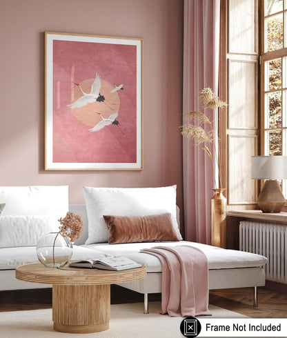 Animal Poster - Minimalist Print - Flying Cranes, Birds, Pink Background, Peach Circle, Aesthetic - 8x10 UNFRAMED Wall Art - Gift for Artist, Friend - Wall Decor for Home, Office, Dorm