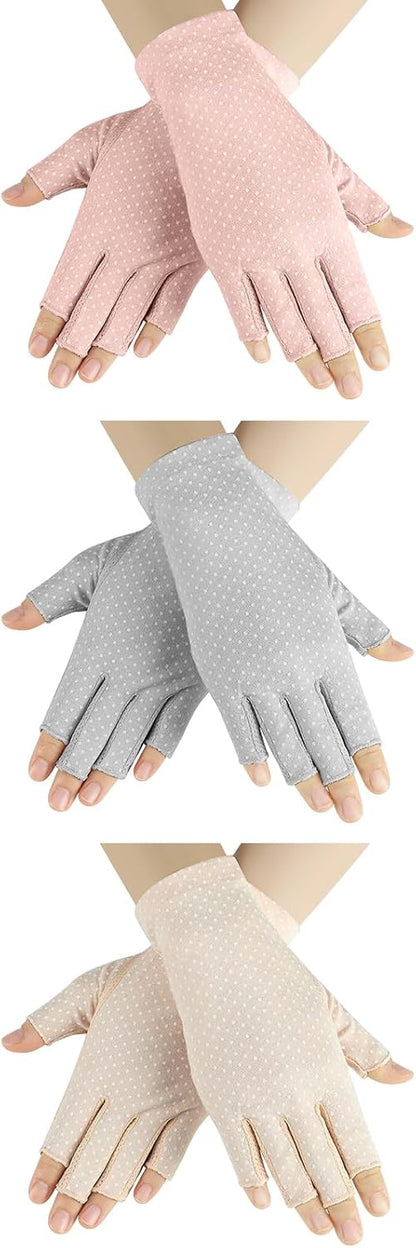 3 Pairs Sun UV Protection Gloves Non Slip Cotton Fingerless Driving Biking Sunscreen Nail Manicure Gloves for Women