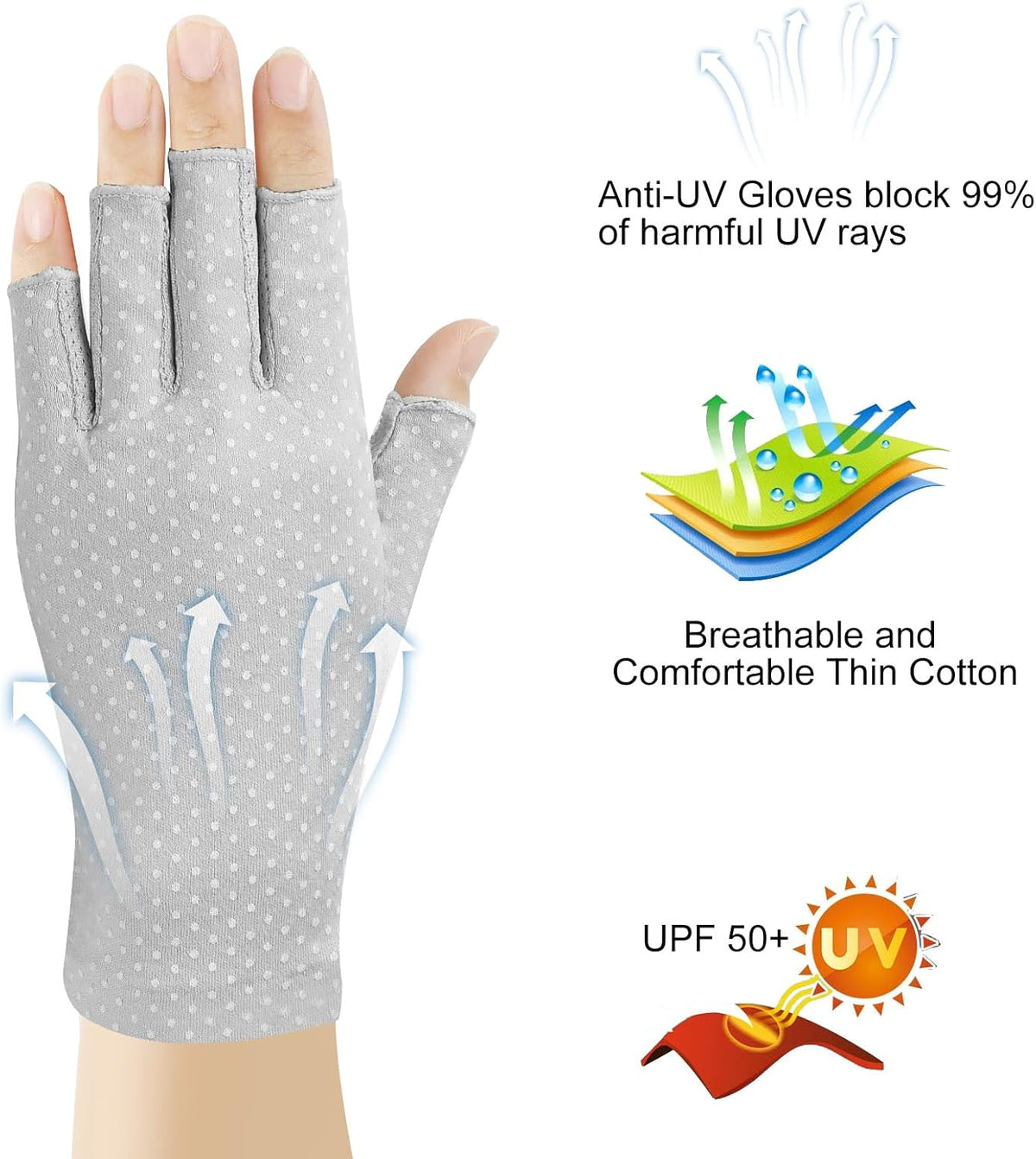 3 Pairs Sun UV Protection Gloves Non Slip Cotton Fingerless Driving Biking Sunscreen Nail Manicure Gloves for Women