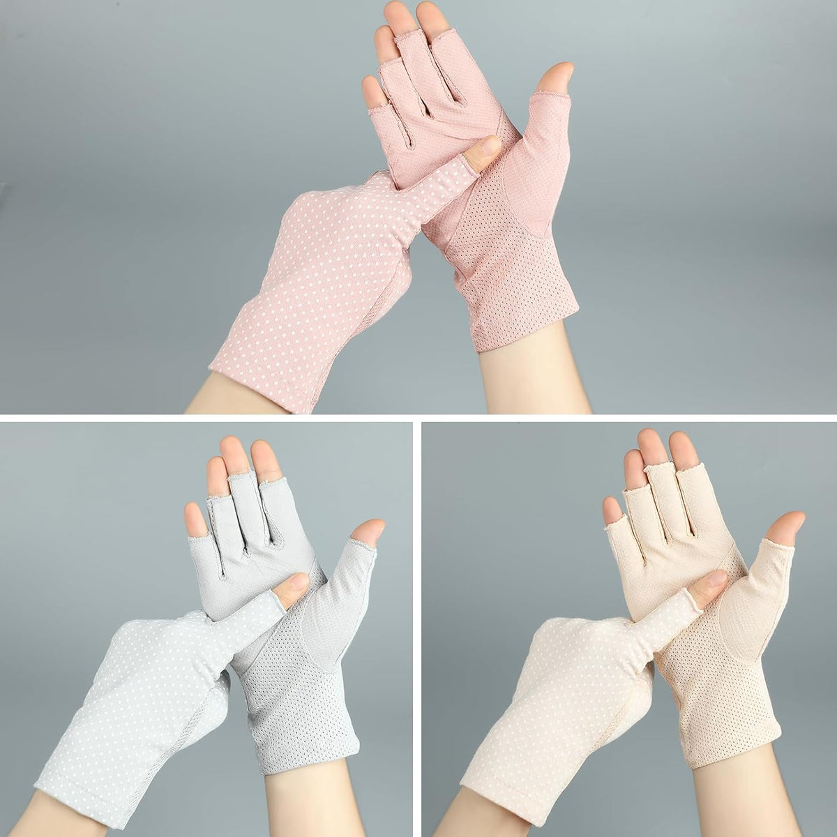 3 Pairs Sun UV Protection Gloves Non Slip Cotton Fingerless Driving Biking Sunscreen Nail Manicure Gloves for Women