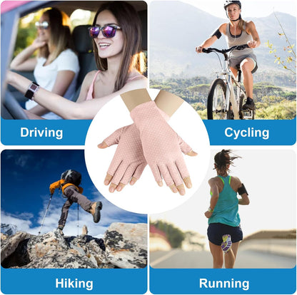 3 Pairs Sun UV Protection Gloves Non Slip Cotton Fingerless Driving Biking Sunscreen Nail Manicure Gloves for Women