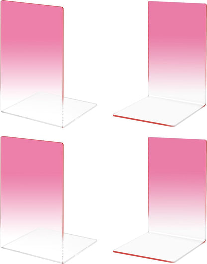 Honagu Book Ends, Acrylic Bookends, Clear Book Ends for Shelves, Desk Book Organizer, Book Holder Stand Decorative for Heavy Books, CDs, Video Games (2 Pair/4 Pieces, Gradient Pink)