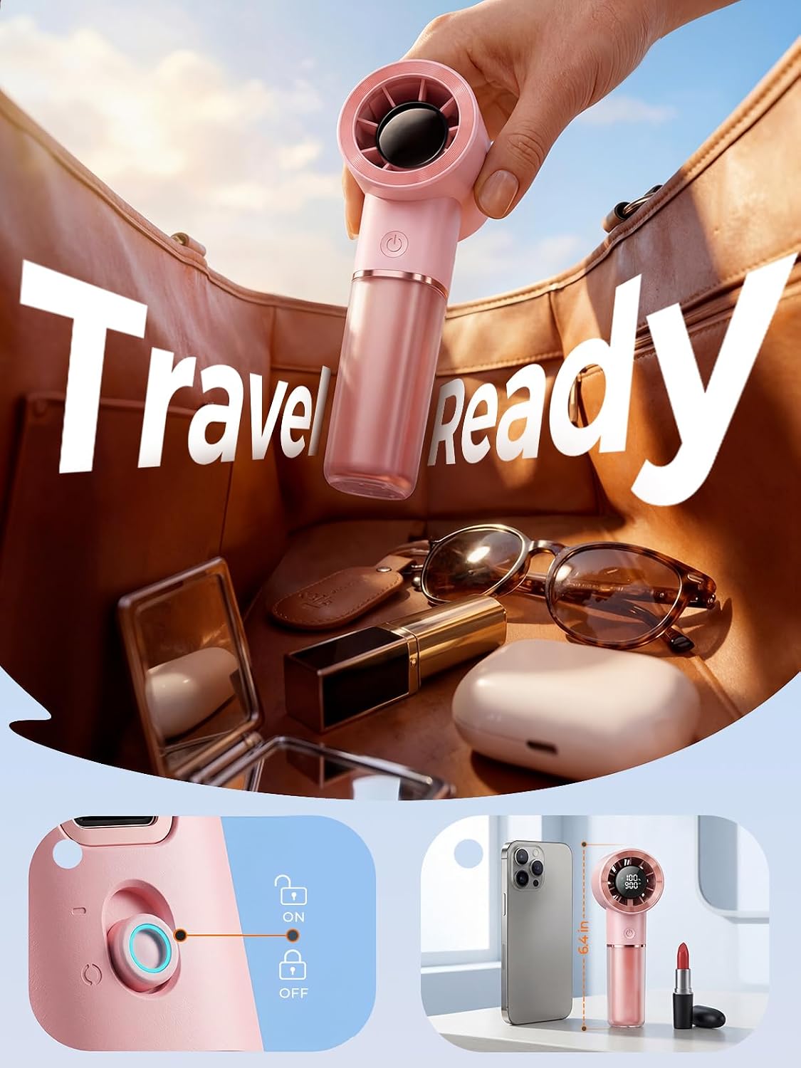 Handheld Portable Fan, 6-Speed Rechargeable Powerful Mini Fan