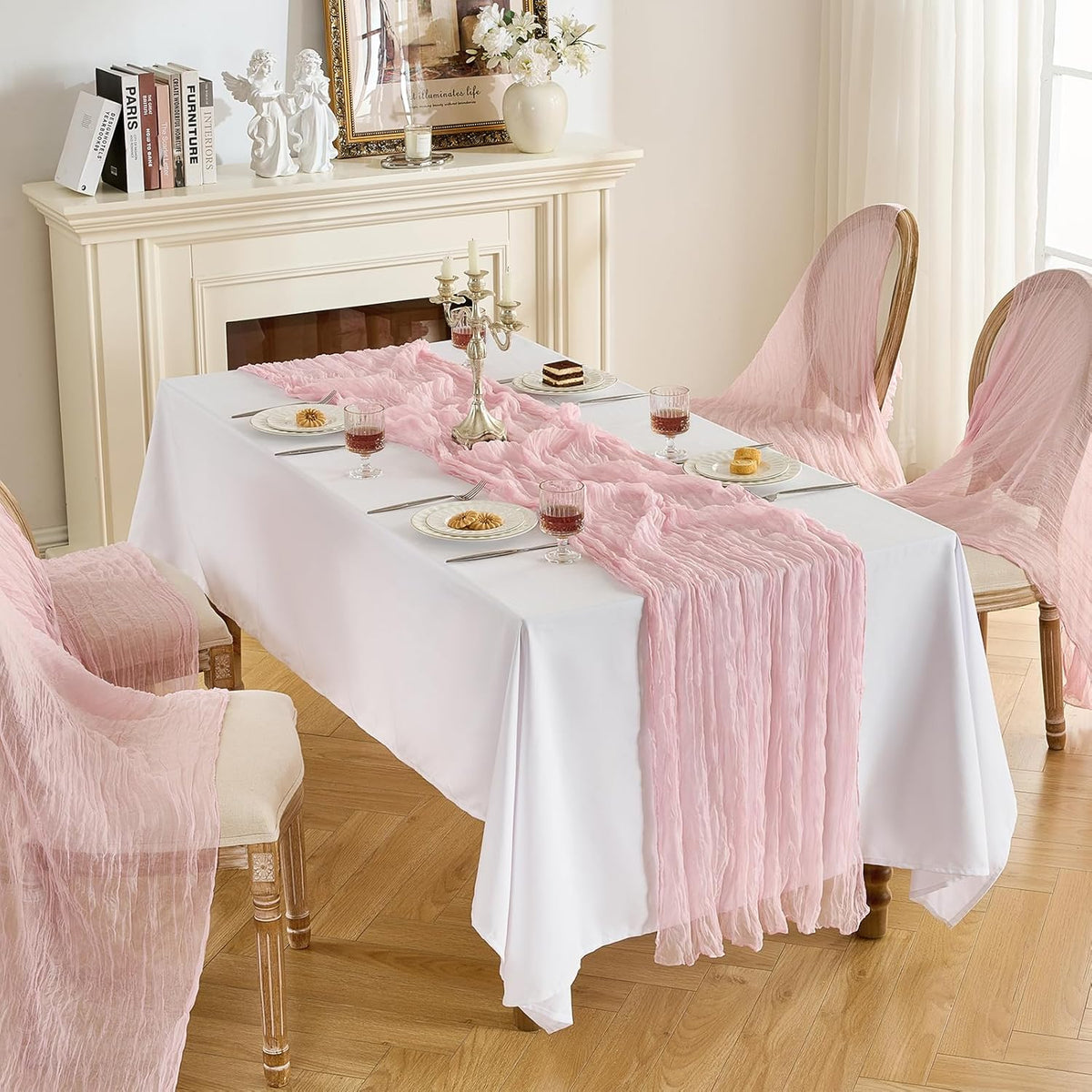 1 Pack Cheesecloth Table Runner -10FT Blush Pink Boho Gauze Cheese Cloth Table Runner 120 Inches Long Rustic Sheer Fabric Centerpieces for Wedding Birthday Party Bridal Baby Shower Decorations