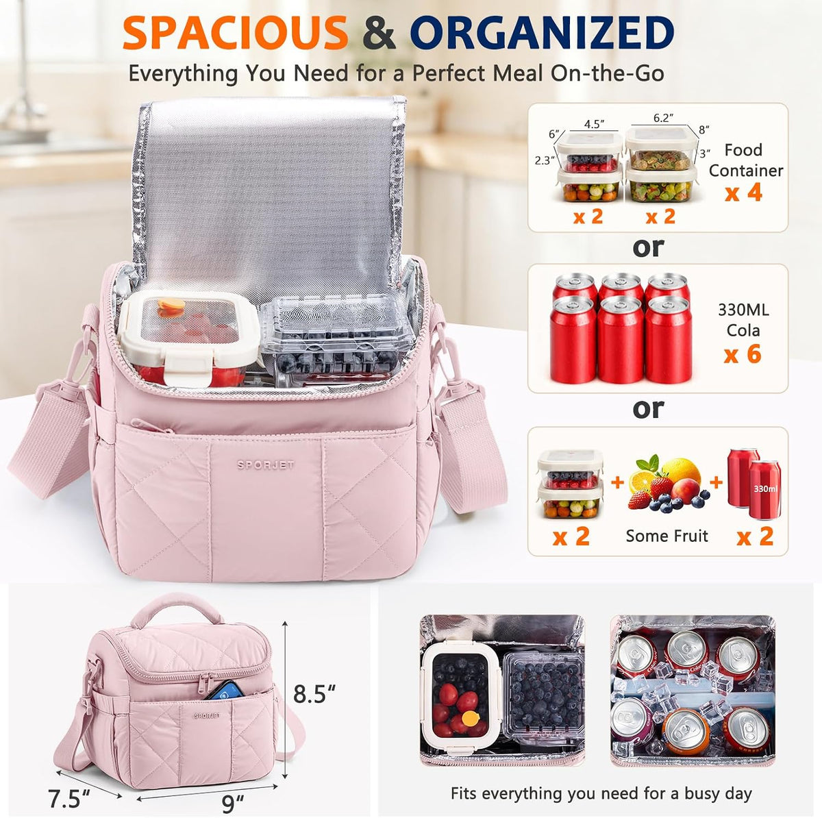 Insulated Lunch Bag for Women, Quilted Lunch Tote w/Shoulder Strap