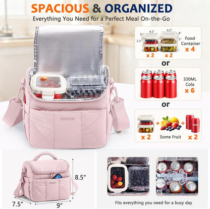 Insulated Lunch Bag for Women, Quilted Lunch Tote w/Shoulder Strap