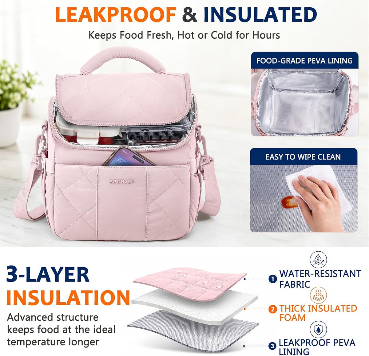 Insulated Lunch Bag for Women, Quilted Lunch Tote w/Shoulder Strap