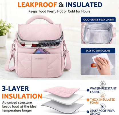 Insulated Lunch Bag for Women, Quilted Lunch Tote w/Shoulder Strap