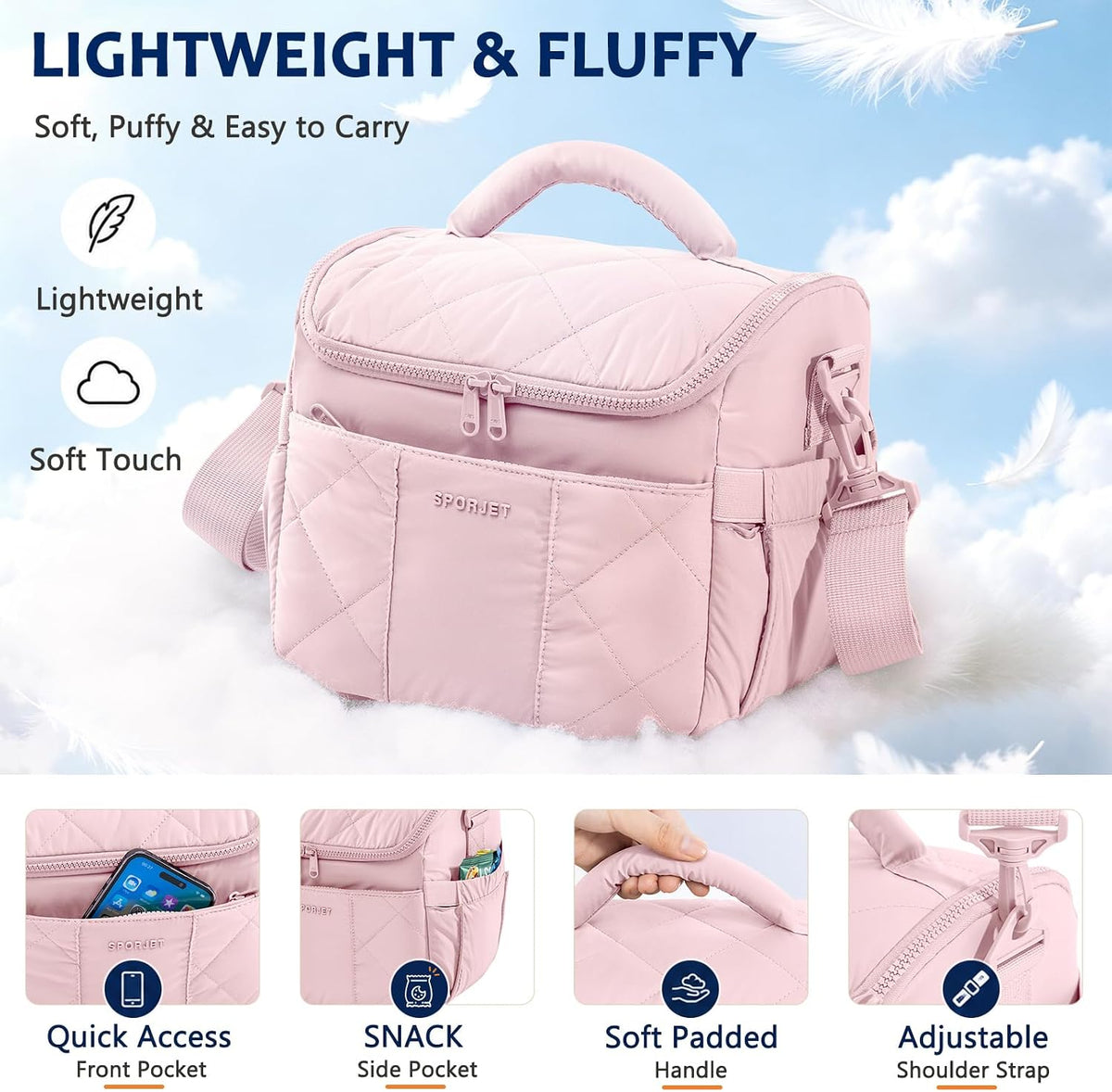 Insulated Lunch Bag for Women, Quilted Lunch Tote w/Shoulder Strap