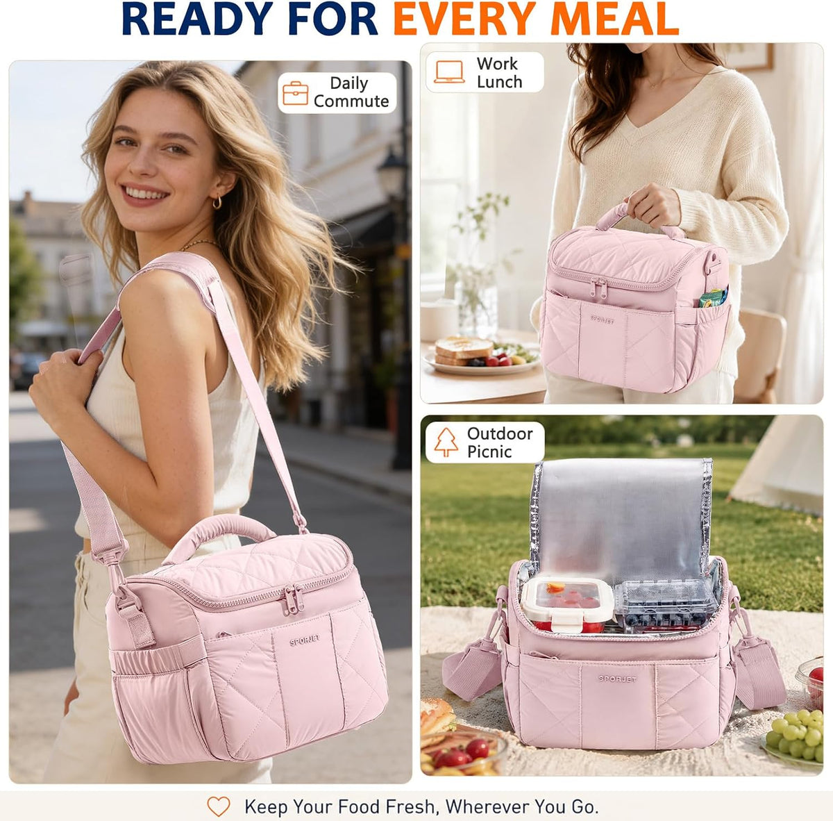 Insulated Lunch Bag for Women, Quilted Lunch Tote w/Shoulder Strap