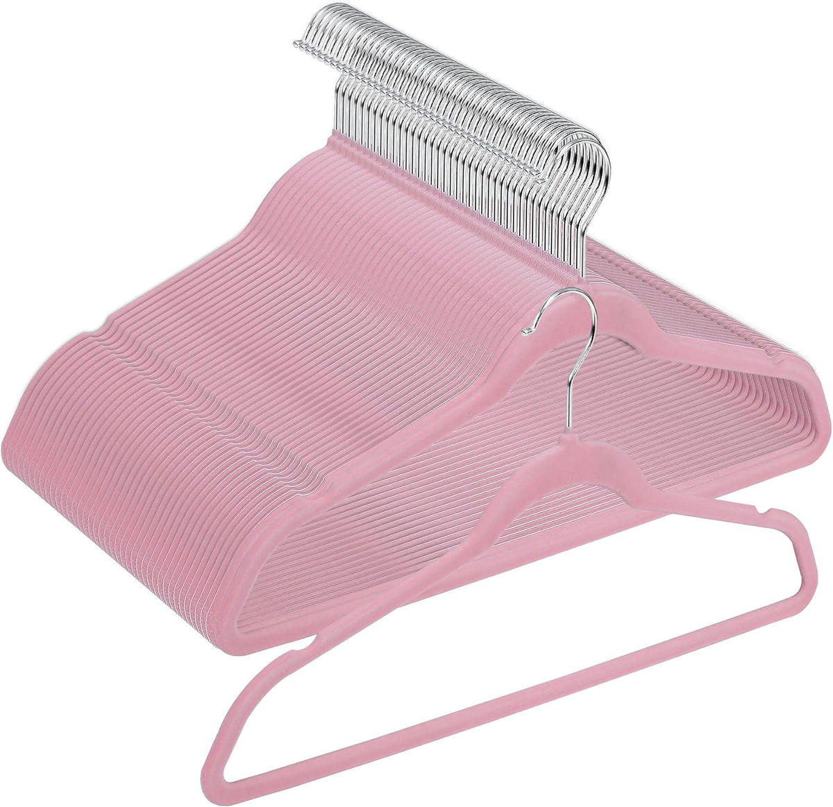 Velvet Hangers 100 Pack, Non-Slip Clothes Hangers, Suit Hangers with Shoulder Notches, Pants Bar, 360° Swivel Hook, Space-Saving, for Closet (Pink)