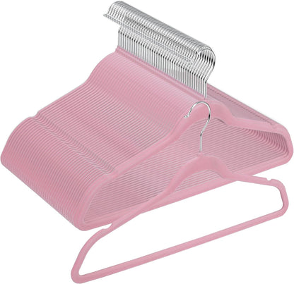 Velvet Hangers 100 Pack, Non-Slip Clothes Hangers, Suit Hangers with Shoulder Notches, Pants Bar, 360° Swivel Hook, Space-Saving, for Closet (Pink)