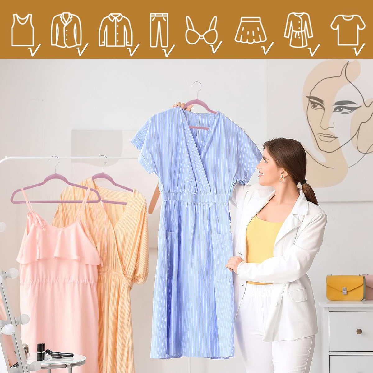 Velvet Hangers 100 Pack, Non-Slip Clothes Hangers, Suit Hangers with Shoulder Notches, Pants Bar, 360° Swivel Hook, Space-Saving, for Closet (Pink)