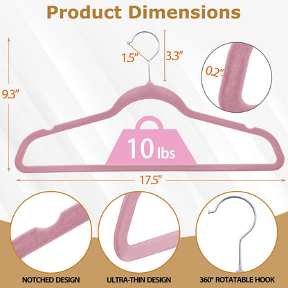 Velvet Hangers 100 Pack, Non-Slip Clothes Hangers, Suit Hangers with Shoulder Notches, Pants Bar, 360° Swivel Hook, Space-Saving, for Closet (Pink)